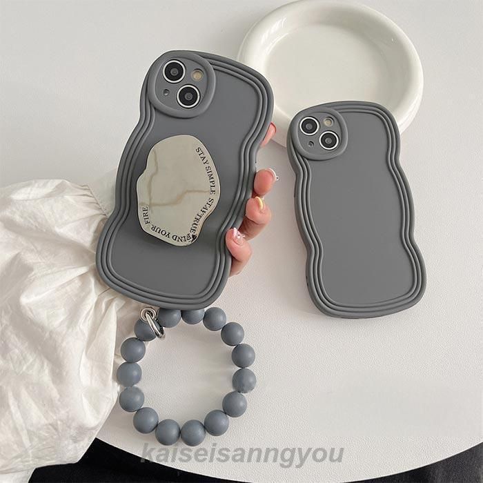 アイフォンケース グリップトック ハンドリング 数珠 メタル iPhone 15 14 13 12 ケース グレー リング ホルター 手提げ ミラー 鏡 iphoneケース iphoneカバー