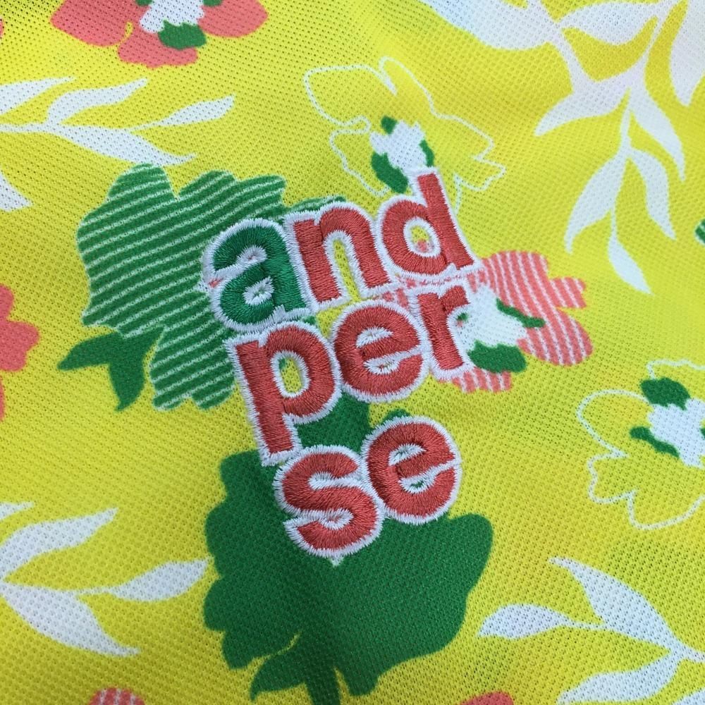 超美品】アンパスィ 半袖ポロシャツ イエロー×グリーン 花柄 ボタン