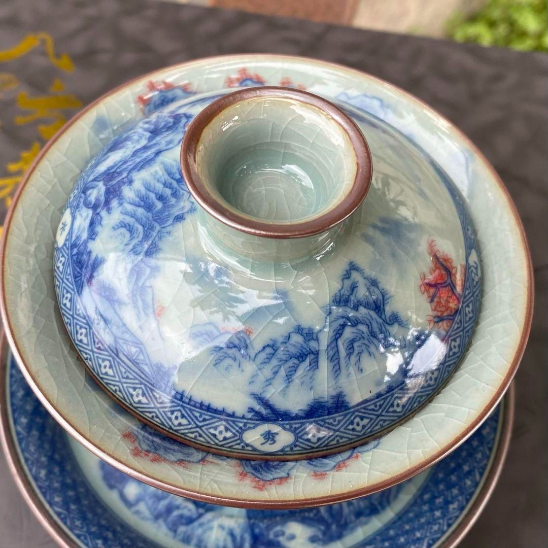 景徳鎮 青花山水馬蹄三才蓋碗 茶碗 煎茶器 中国茶器 新品未使用