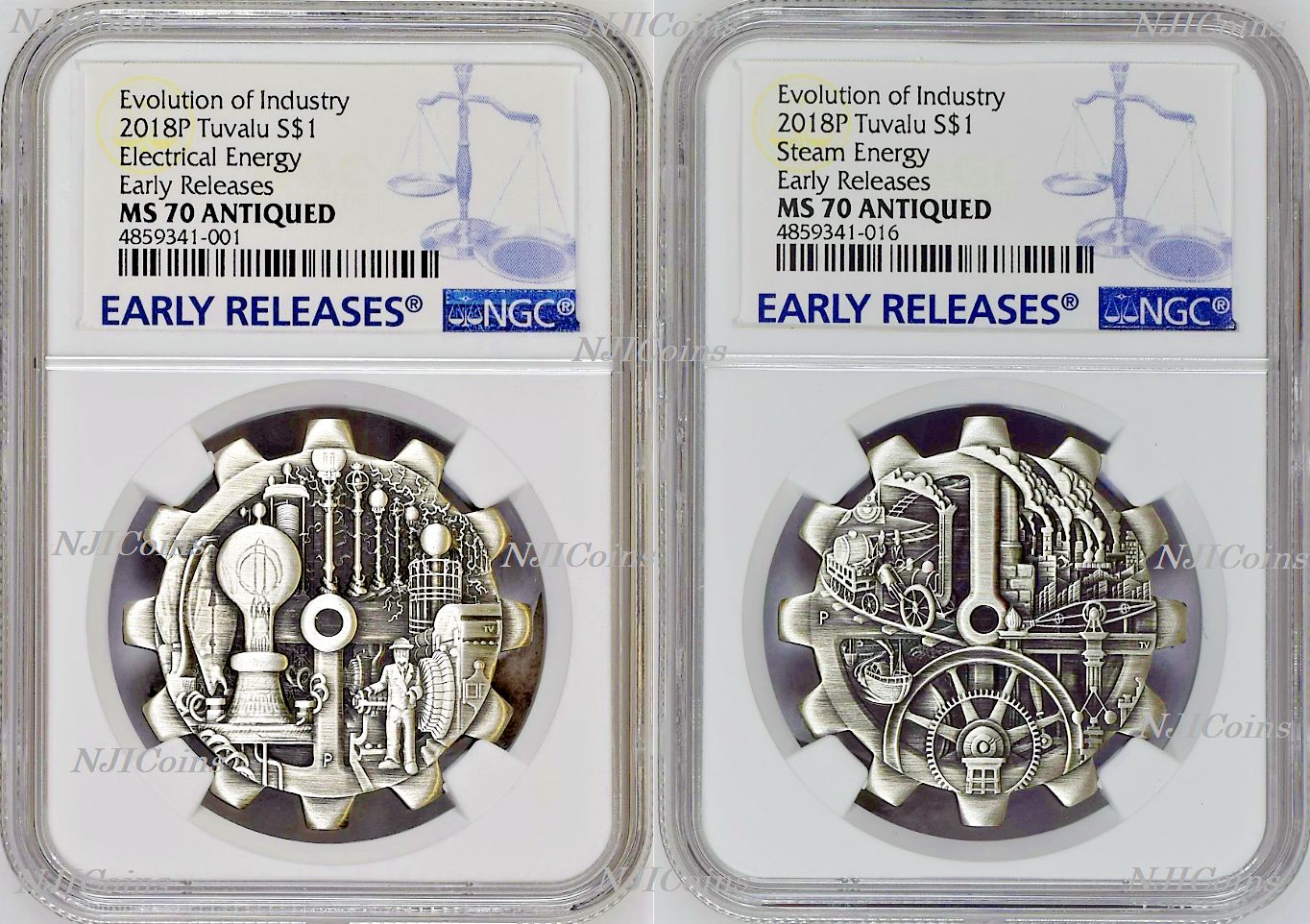 2018 Evolution of Indtry ANTIQUED Gear-Shaped 1oz Silver 2-COIN-SET NGC MS70 E