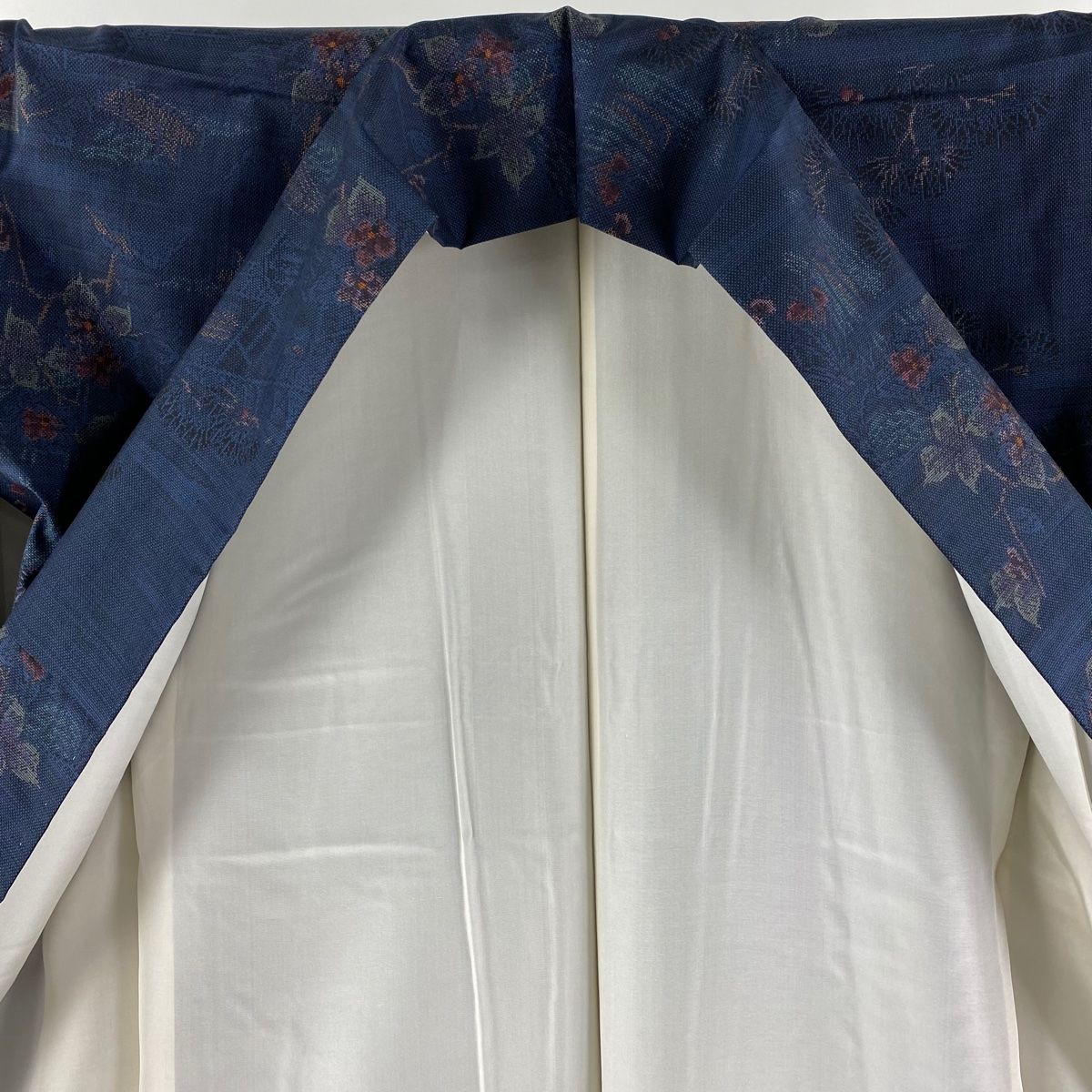 紬 身丈159cm 裄丈63.5cm S 袷 名古屋帯セット 枝花 家屋 紺色 正絹 美  
