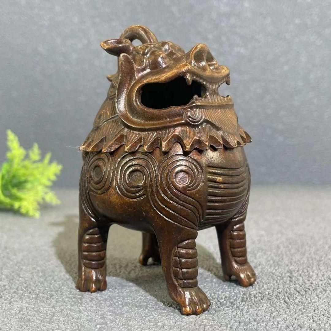 銅器 双獣耳浮彫盤竜薫香炉 香道具 茶道具 工芸品 置物 香炉