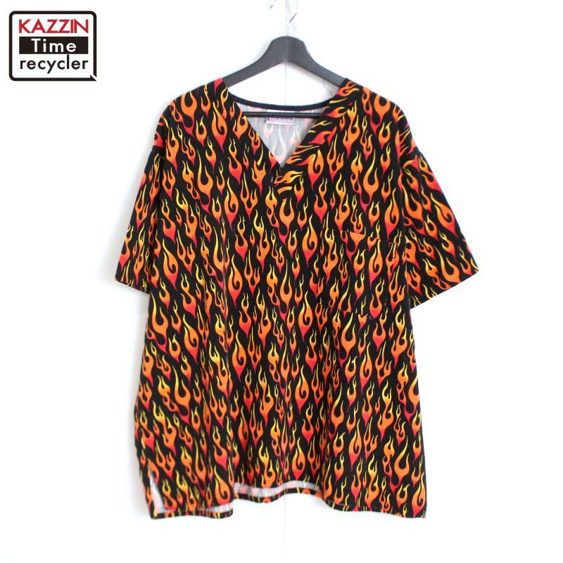 90s vintage Uniform City ファイヤーパターン Vネック 半袖T