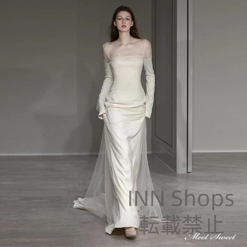 ウェディングドレス ロングドレス スレンダードレス 長袖 オフショルダー サテン ファスナー 二次会 結婚式 前撮り ブライダル 花嫁 ウエディングドレス scp70