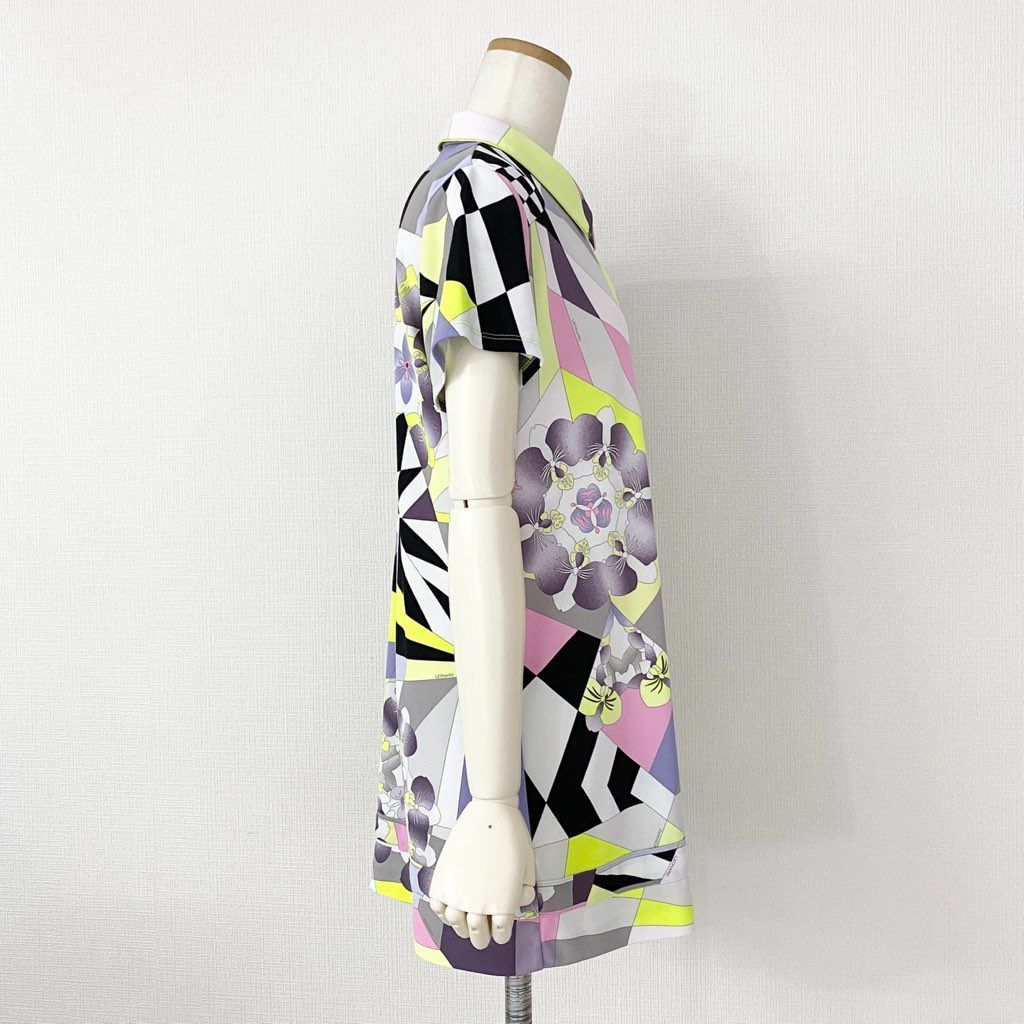 LEONARD グレー フラワープリント 半袖ワンピース