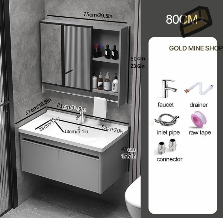 シンク付き洗面化粧台 セラミック製洗面台とミラー付きのスペース アルミニウム製バスルーム化粧台コンボ ソフト クローズの引き出し80cm