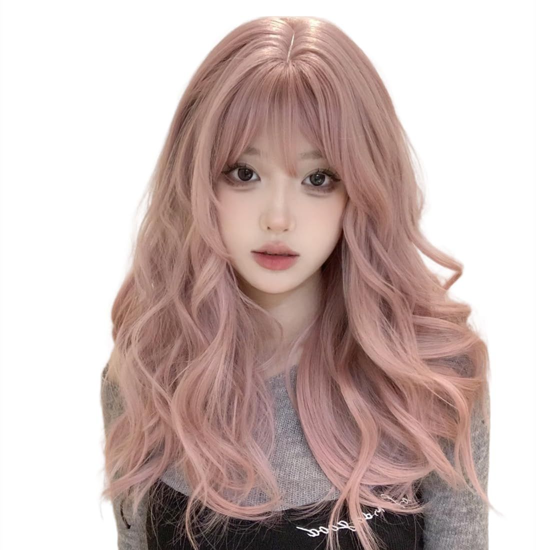 Sizuuenn 女性用 レディースフルウィッグ ロングヘア カール ぱっつん前髪 ピンク ウィッグ 「活力気泡粉」 クリスタルローズピンク 小顔 ファッション 耐熱ウィッグ 高温ヘア糸 コスプレかつ