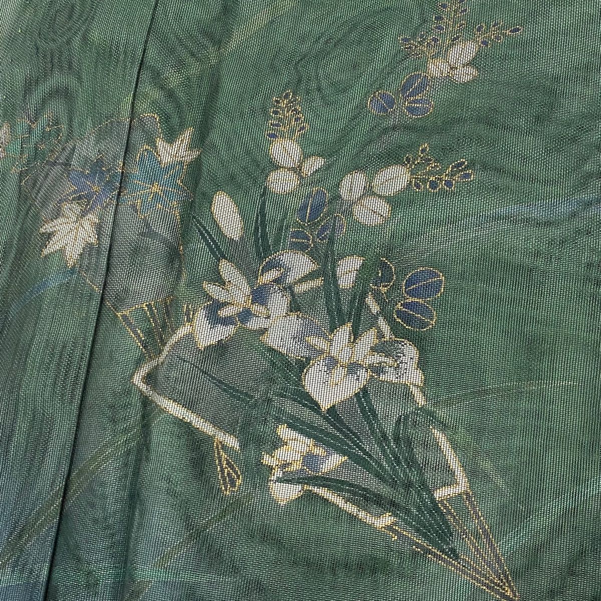 付下げ 身丈158.5cm 裄丈63.5cm S 紗袷 扇 草花 金彩 緑 正絹 美品  