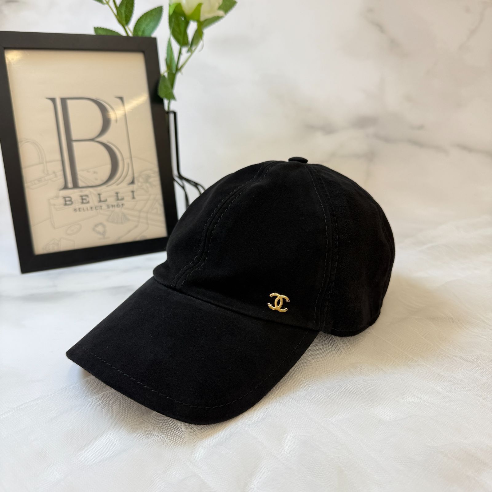 鑑定済み シャネル CC スエードキャップ ブラック ゴールド金具 スエード キャップ
