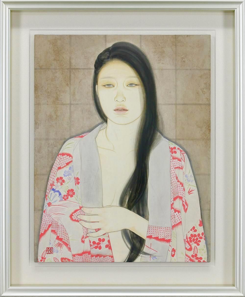 真作 WISH 大竹彩奈 暁 日本画 10号 共シール 和柄の羽織と白い肌 雅やかな黒髪美人名画 〇女流人気画家 25092137