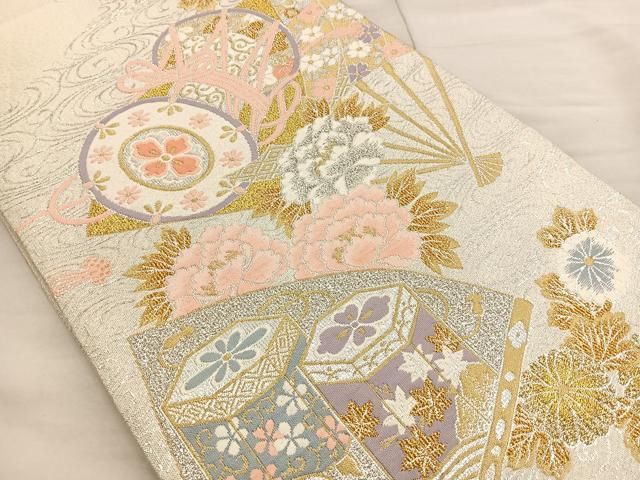 平和屋着物◎六通柄袋帯 扇面花文 金銀糸 正絹 逸品 BAAR4913ct