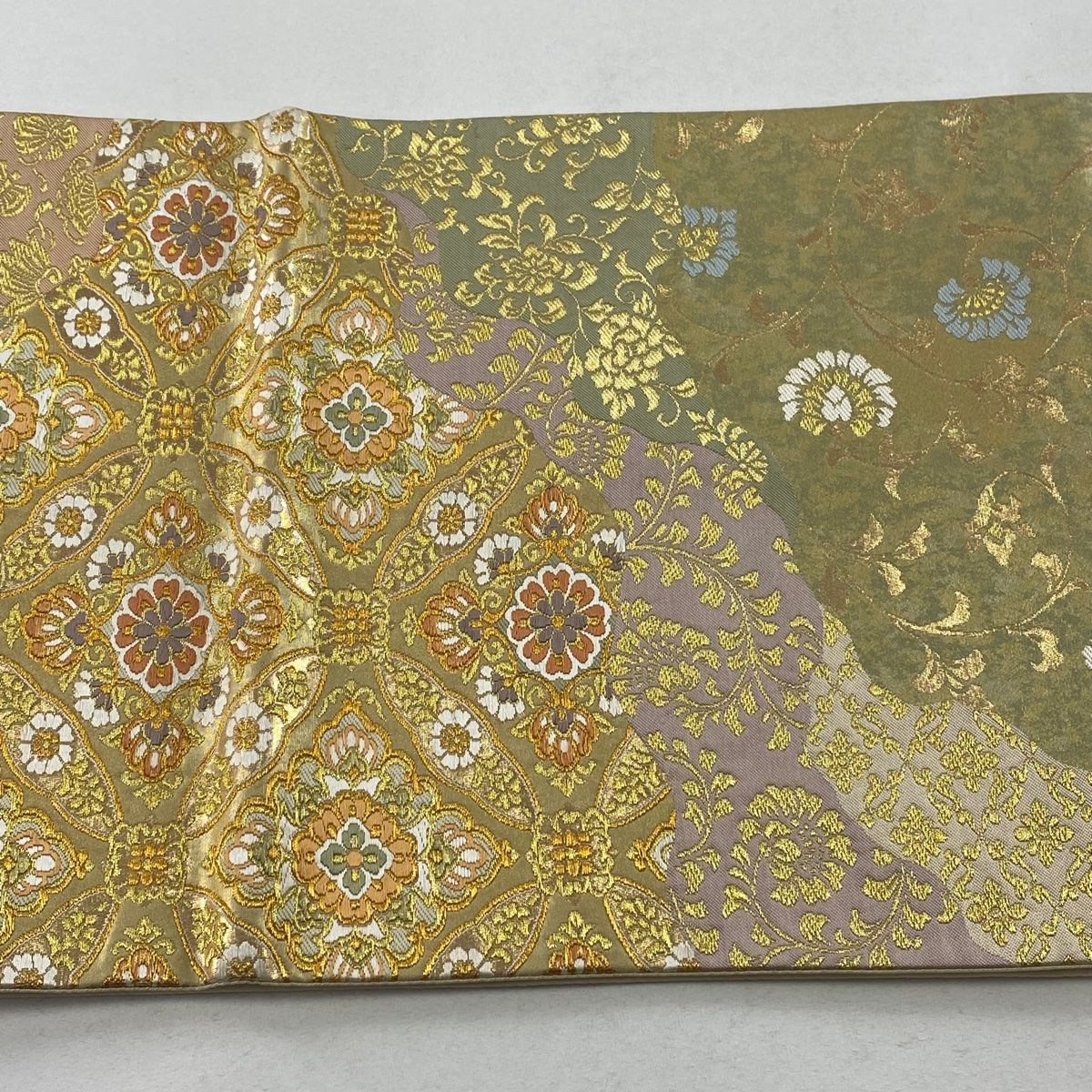 連休Sale! 夏物 正絹唐織 六通柄袋帯 刺繍のような四季の草花 金銀糸 美品 袋帯 美品 逸品 華文 花唐草 金銀糸 刺繍 ベージュ 六通 正絹