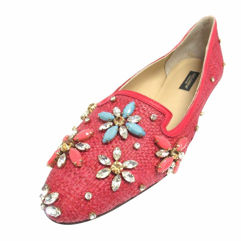 ドルチェ-ガッバーナ ドルガバ DOLCE-GABBANA フラット シューズ パンプス ビジュー クリスタル フラワー スリッポン 靴 ラフィア 37 24cm 赤 レッド レディース ２