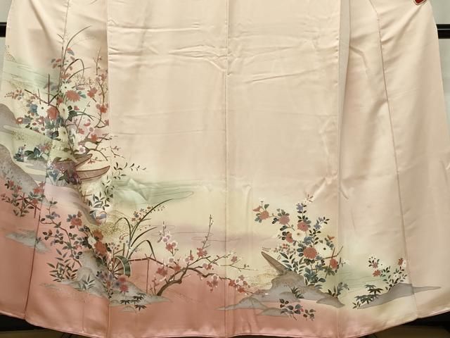 平和屋着物○訪問着 紬地 型染め 流水舟草花文 正絹 逸品