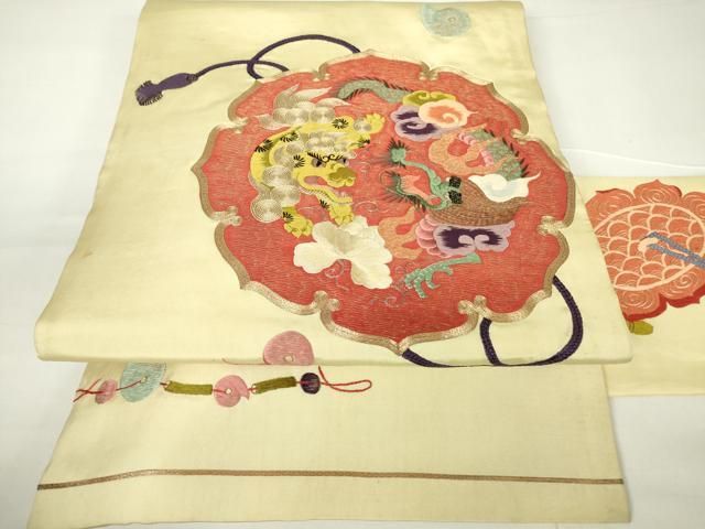 平和屋着物●アンティーク 大正ロマン 九寸名古屋帯 駒刺繍 総刺繍 鏡裏文 龍 金糸 正絹 DAAX3368az