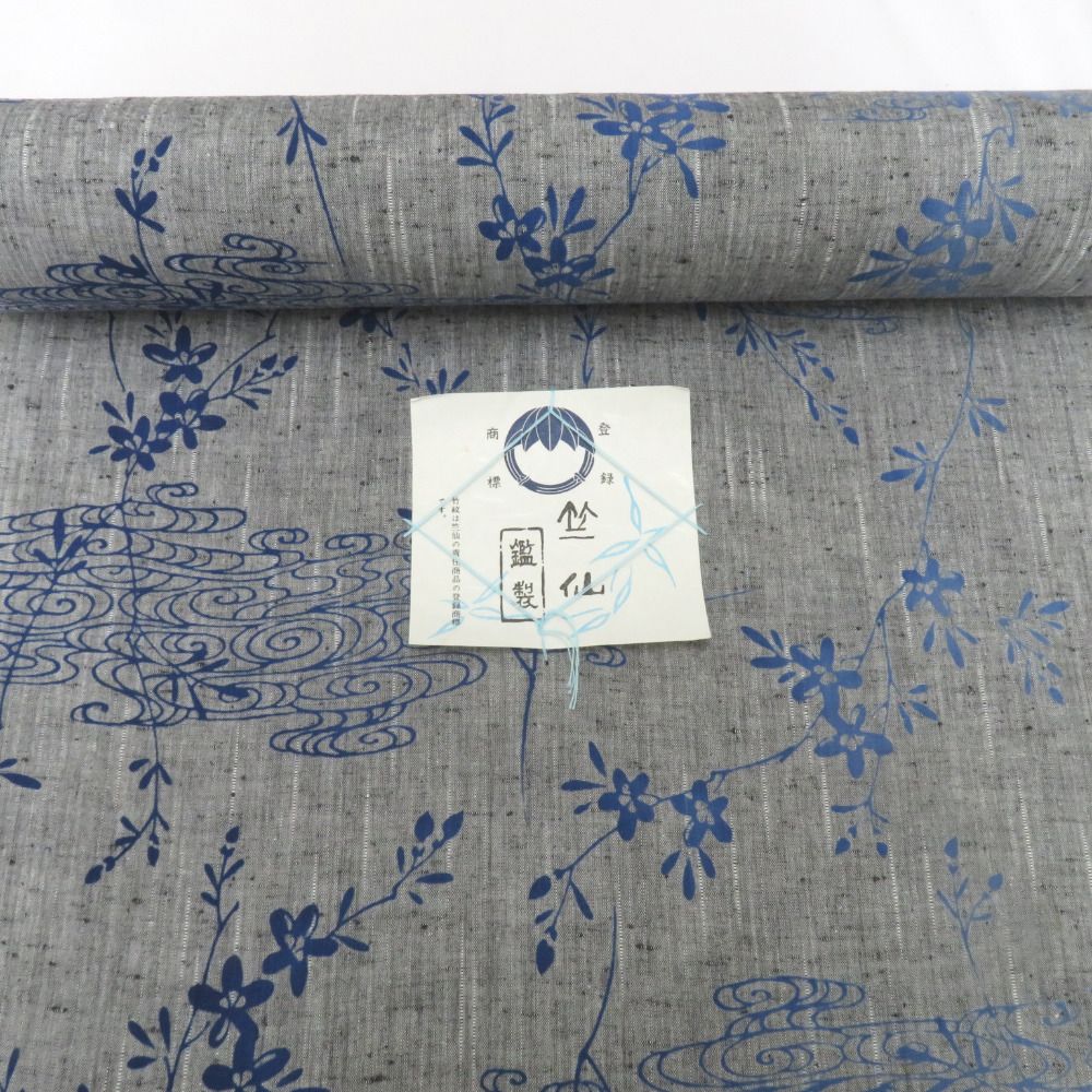 竺仙 ちくせん 反物 竺仙 浴衣反物 紬ゆかた グレー地 ブルー系グラデーション 観世水 草花 糸止め有 綿100％ 長さ11.9m ちくせん