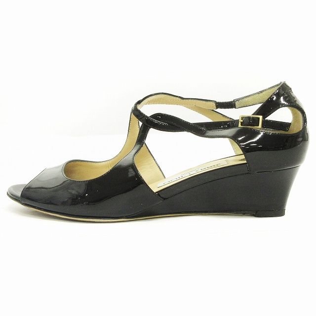 美品★JIMMY CHOO/エナメルブラックオープントゥサンダル ジミーチュウ JIMMY CHOO サンダル ストラップ オープントゥ