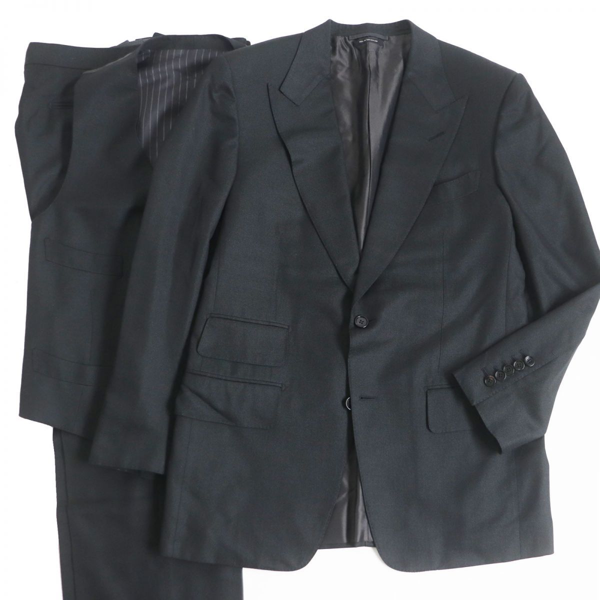 □TOM FORD|トムフォード シルク×ウール ピークドラペル ベルトレス スリーピーススーツ セットアップ 50R 黒系 スイス製