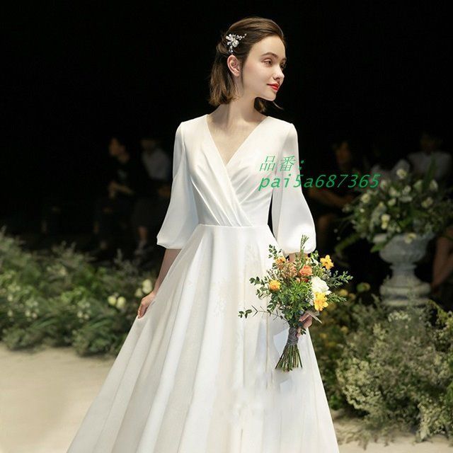 ウェディングドレス 袖あり ウェディングドレス 大きいサイズ 3L 4L 小さいサイズ 七分袖 二次会 ウェディングドレス カシュクール 五分袖 Vネック シンプル pai5a687365 USTAUSTRALIA_COM_AU