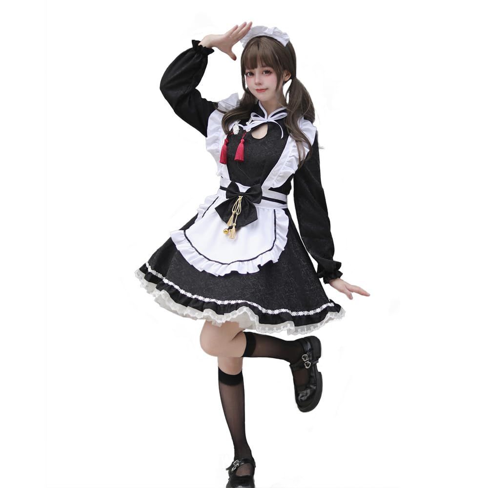 ロリ　胸 M_長袖セット [RPFLQ] メイド服 コスプレ ハロウィン 仮装 ロリータ ロリ 蝶結ぶ 胸空き コスチューム レディース エプロン 衣装 長袖  半袖 フリル 可愛い 萌え 撮影 学園祭 イベント 活動 ヘアバンド ニーハイソックス付き (長袖セット, M - メルカリ