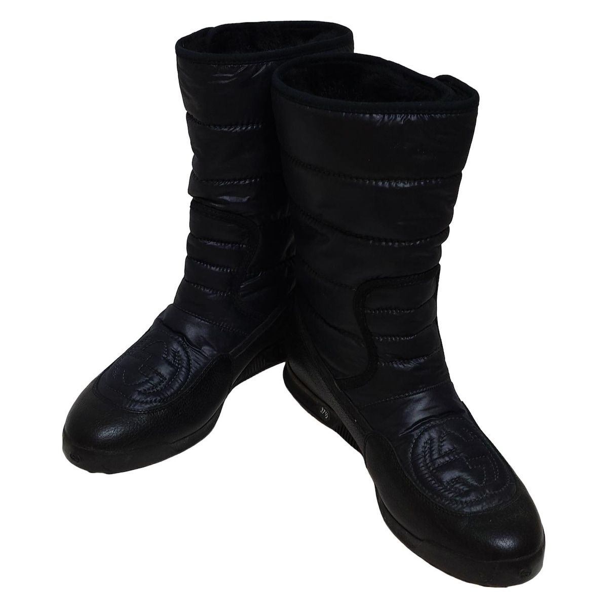 GUCCI グッチ ショートブーツ 37 1|2 レディース - 黒 インターロッキングG|内側ファー|スノーブーツ|シェリー ウェブ レザー