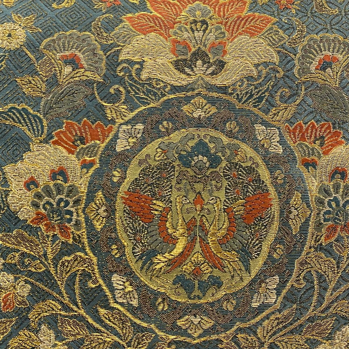 袋帯 秀品 向かい鳥 宝飾更紗紋 金糸 箔 灰緑 六通 正絹