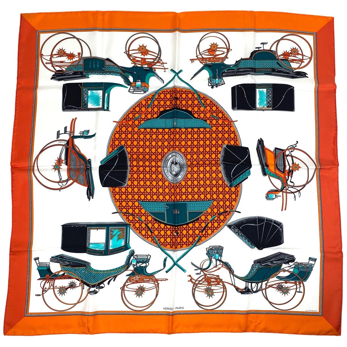 エルメス HERMES カレ 90 LES VOITURES A TRANSFORMATION 折畳み式幌の馬車 スカーフ シルク オレンジ マルチカラー レディース