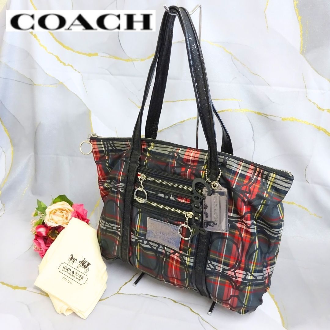 COACH コーチ トートバック タータンチェック チャーム付き 持ち手 ...