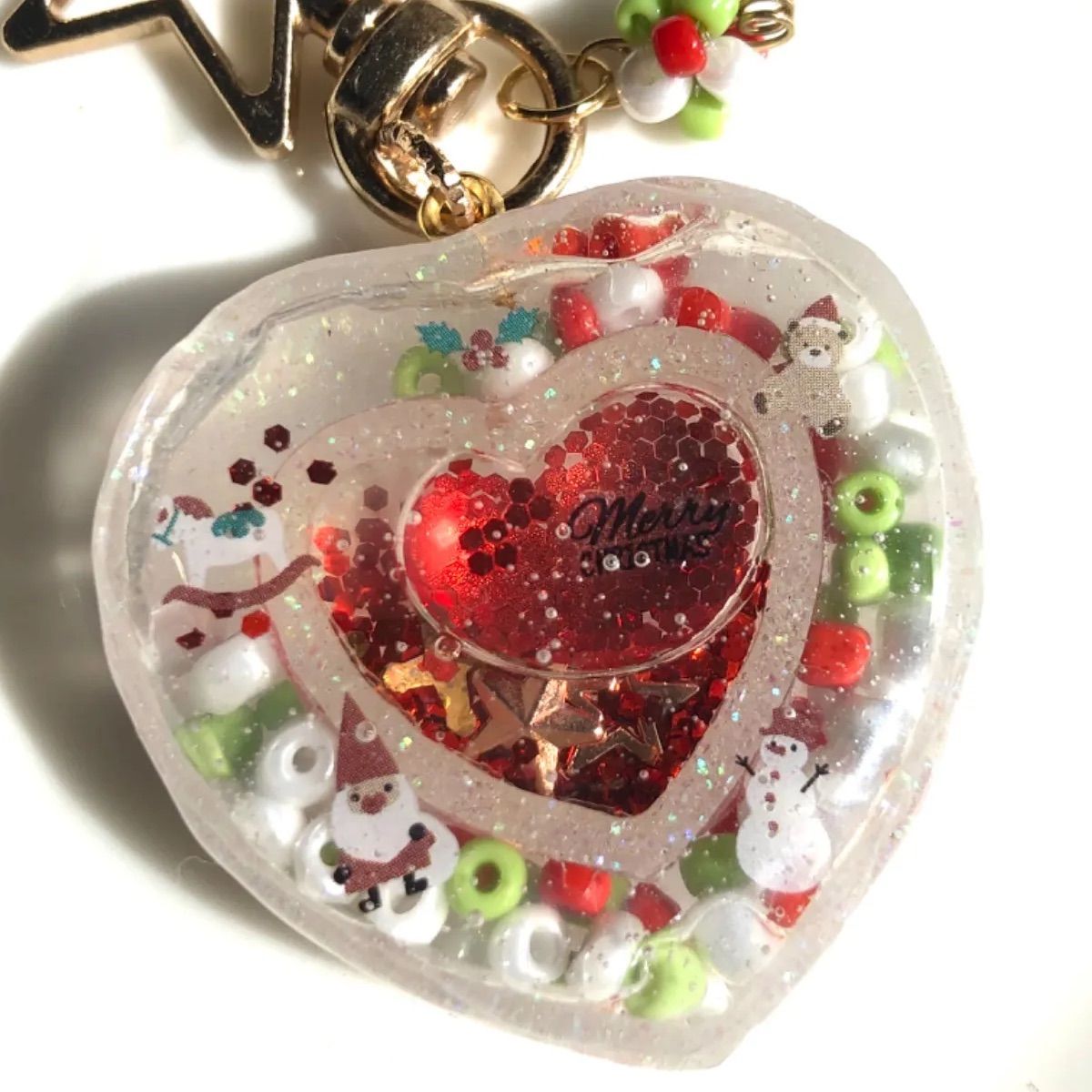 クリスマスカラー ダブルハートシェイカー♡キーホルダー 小さなサンタ
