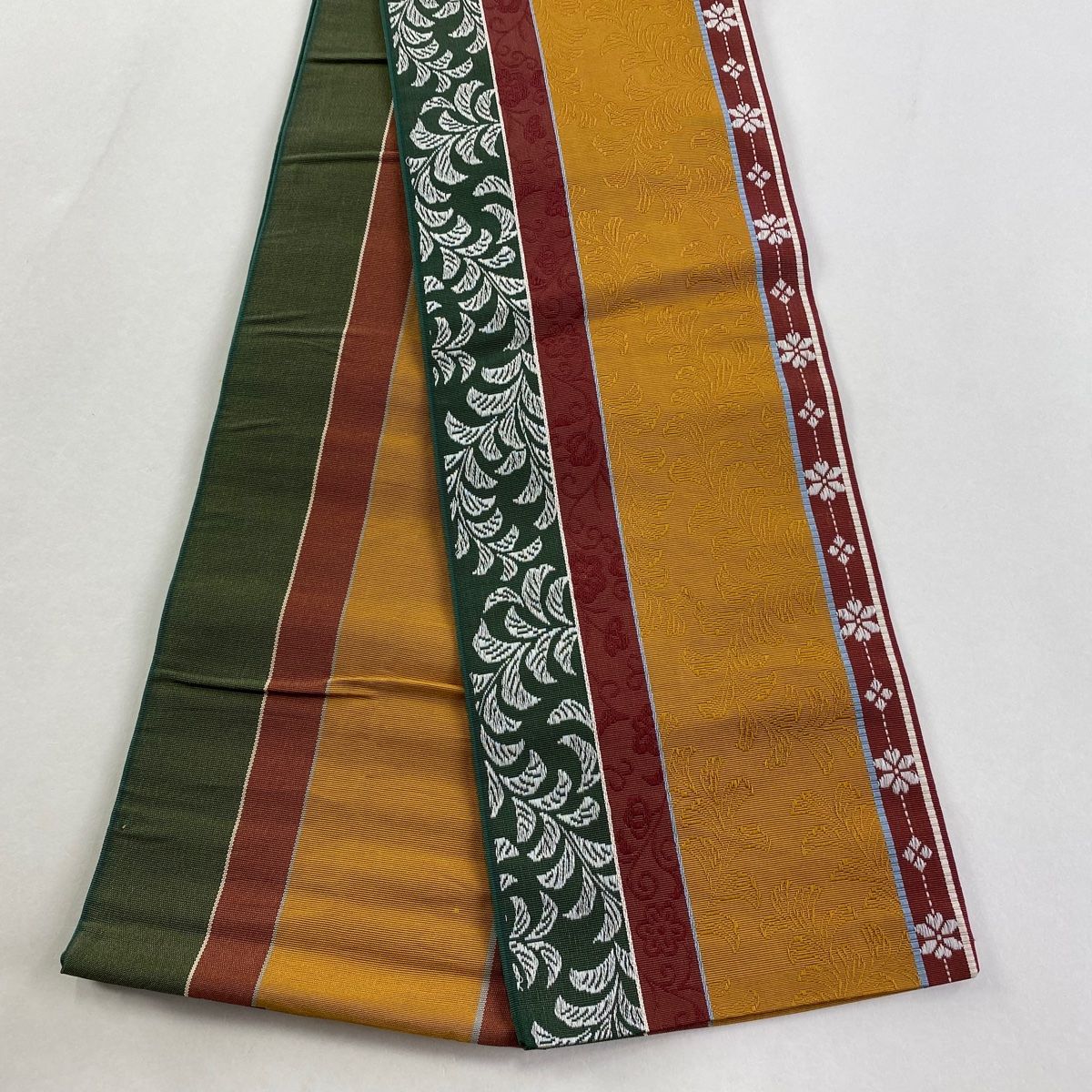 半幅帯 秀品 本場博多織 証紙有 葉柄 花 黄土色 正絹