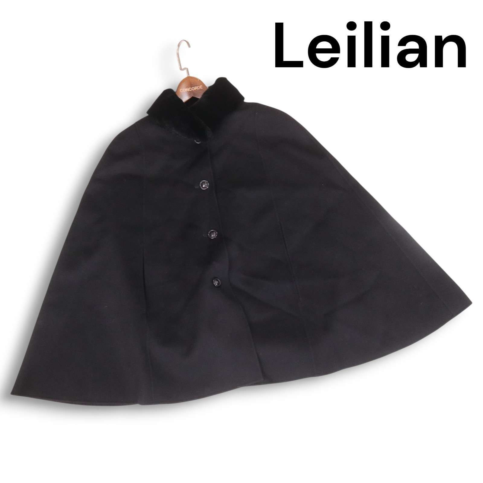 Leilian レリアン COLOMBO社♪ レッキスラビット ファー ウール-カシミヤ ポンチョ ケープ ジャケット Sz.M レディース 黒