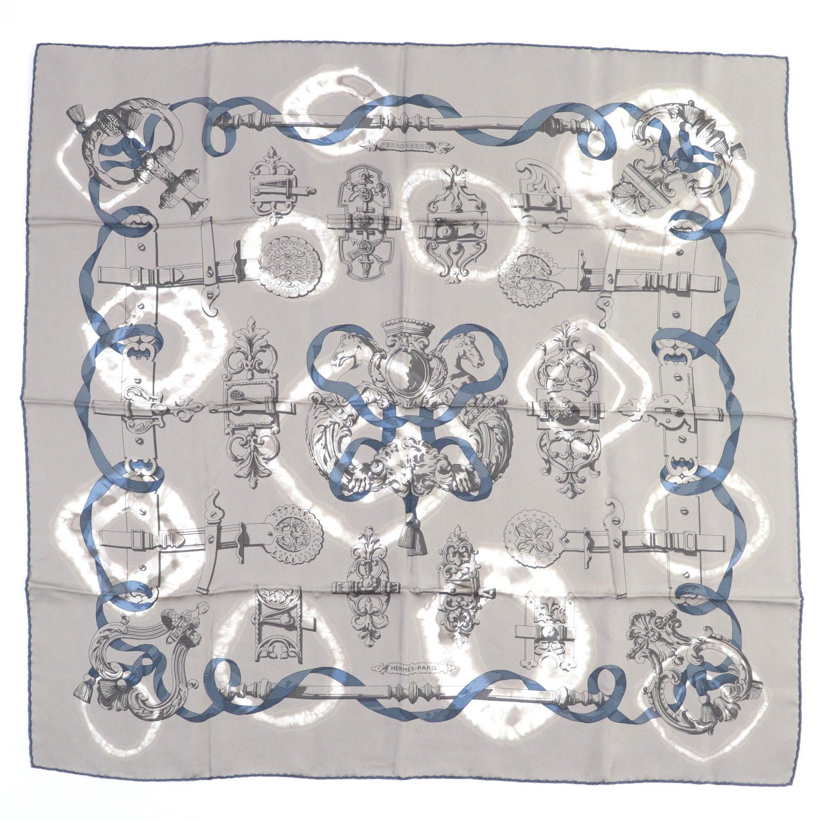 ♥品 HERMES エルメス 製 カレH 80 フェロヌリー プラン ソレイユ シルク100％ エトゥープ|ぺトロール クレール スカーフ フランス製 メンズ