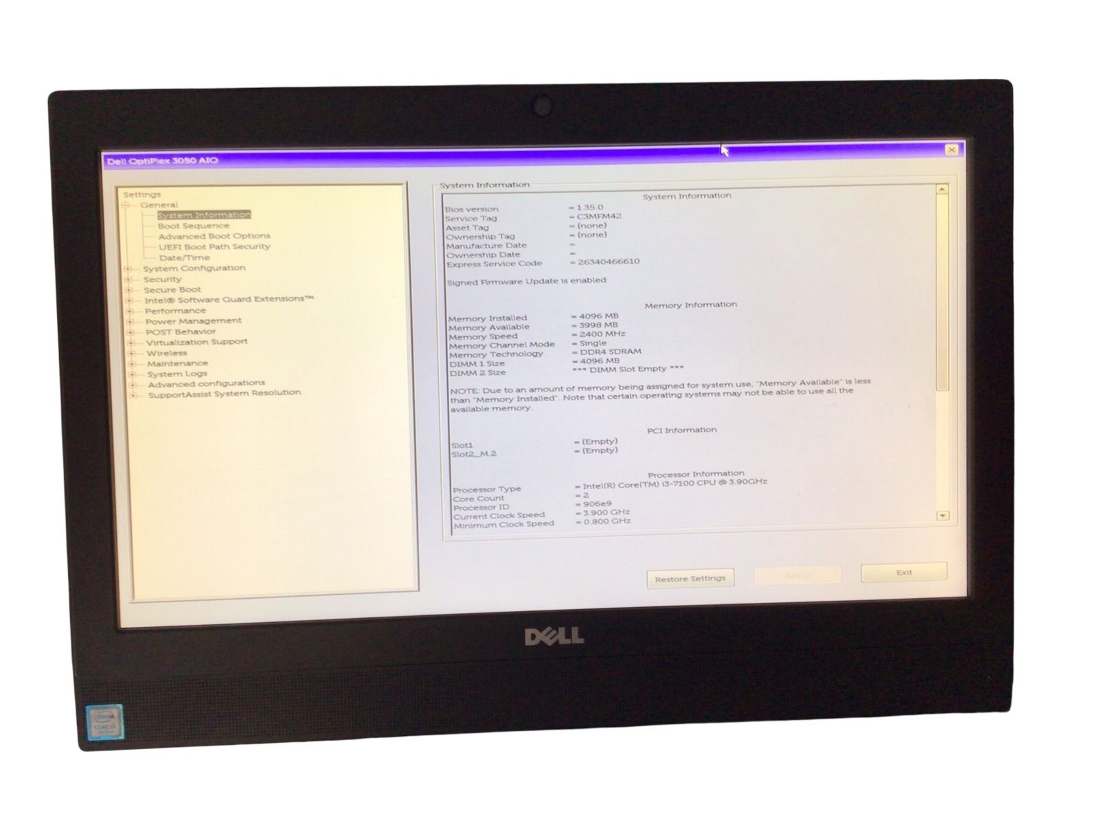 DELL OptiPlex 3050 AIO CPU CORE i3-7100 メモリ 4096MB ストレージ無し 番号E17