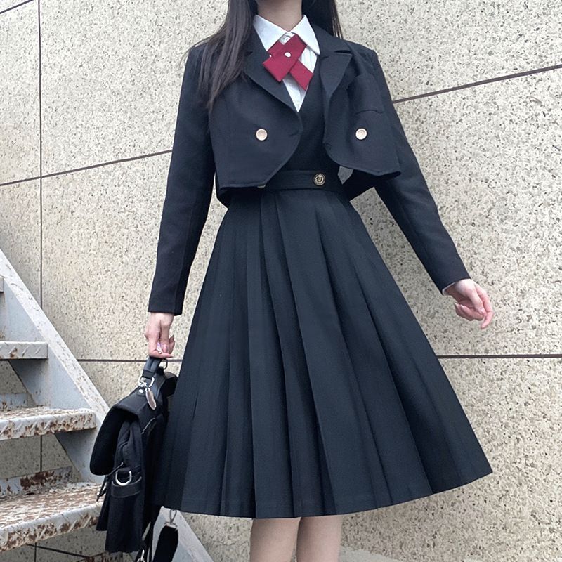 全 女子高生 制服 学生服 ワンピース 長袖 6点セット バッジ付き スクールスカート スクールワンピース 女子制服 女子高校生 コスプレ JK制服 学生制服 コスチューム 仮装 学園祭 文化祭 卒業式 入学式 春夏秋冬 4185