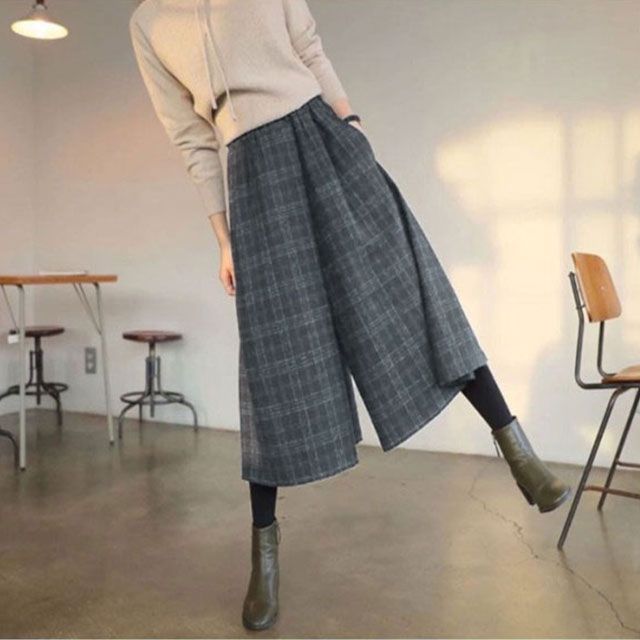 ガウチョパンツ レディース 七分丈 スカーチョ 秋冬 チェック柄