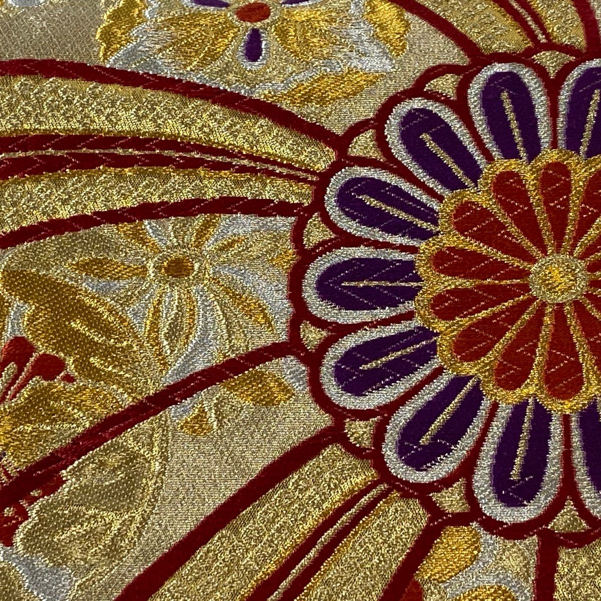 袋帯 美品 秀品 花 七宝 箔 紫 全通 正絹 【中古】 ☆☆☆ 袋帯 美品 正絹 落款あり 振袖向き 縮緬