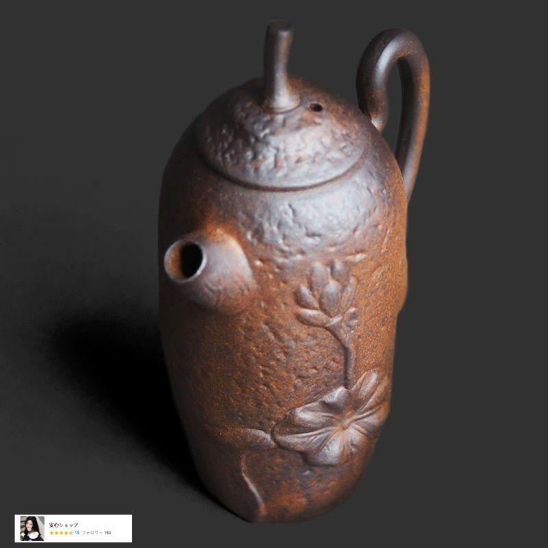 中国茶器 岩鉱陶泥浮彫り荷韻急須 茶道具 煎茶器 新品未使用