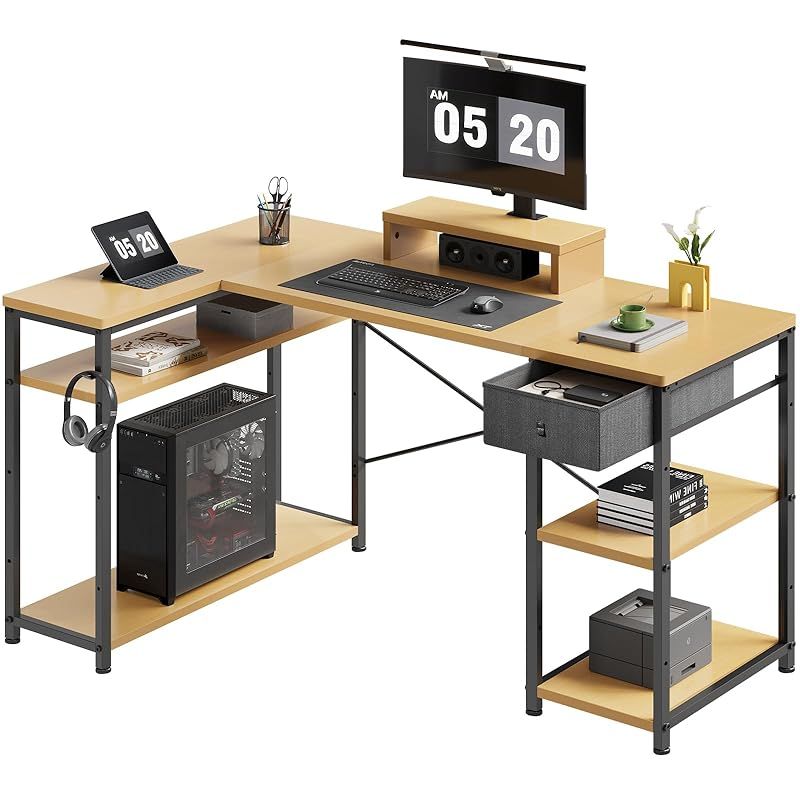 Maihail 机 l字デスク 勉強机 pcデスク パソコンデスク右棚左棚 オフィスデスク 幅136cm desk コーナーデスク つくえ ?子 棚板高さ調節可能 作業机 L字型 在宅ワークデスク リモートワーク ラック