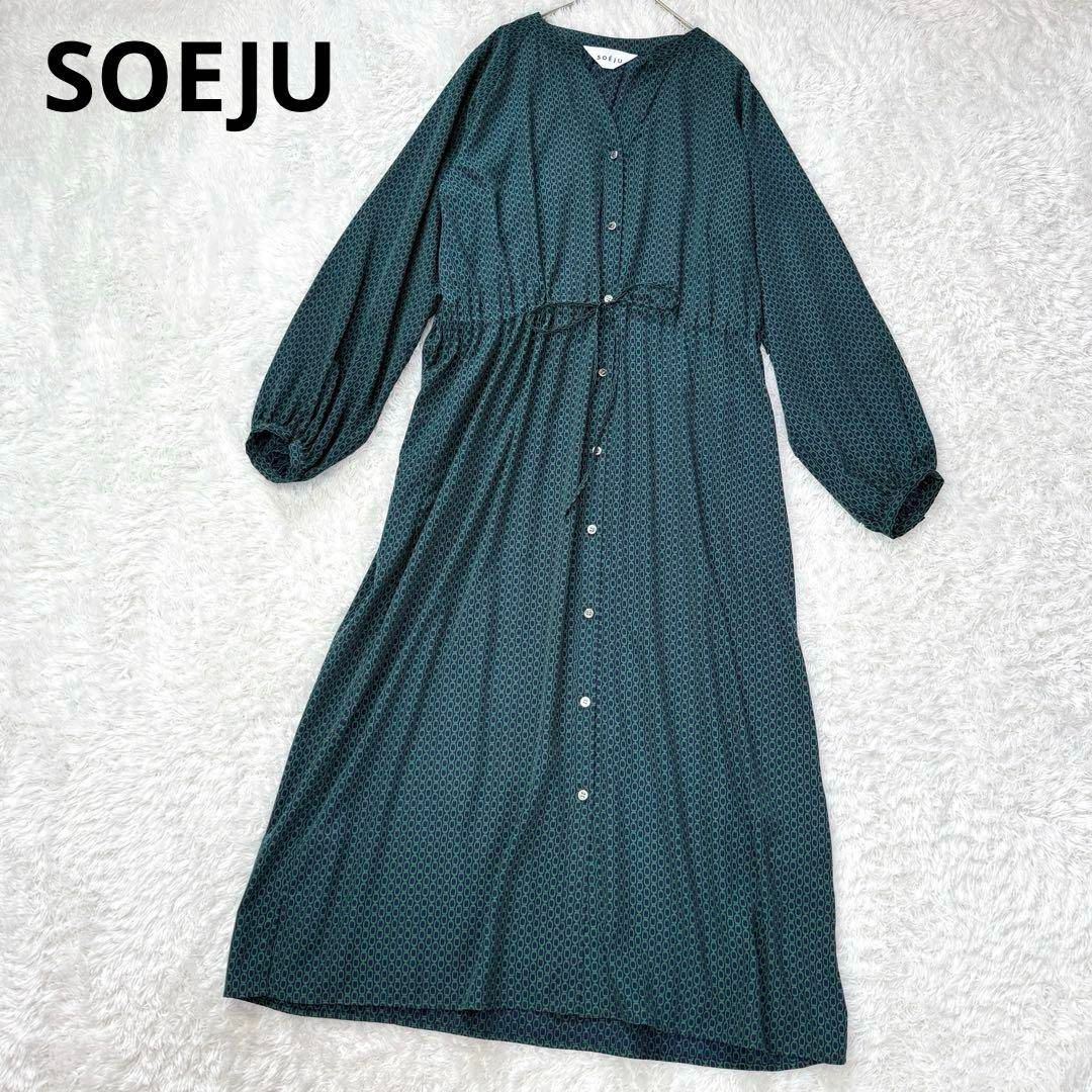 SOEJU ソージュ チェーン柄ワンピース ネイビー グリーン スキッパー 長袖 シャツ F フリーサイズ 定価約２万 ロング丈 総柄