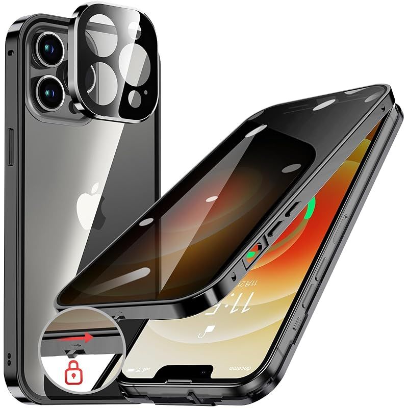 HGUTREY【覗き見防止・自動ポップアップボタン】 iPhone12 Pro Max 用 ケース ロック付き ストラップホール付き 一体型レンズ保護 両面9H強化ガラス iPhone12プロマックスケース 耐衝撃 アルミ バン