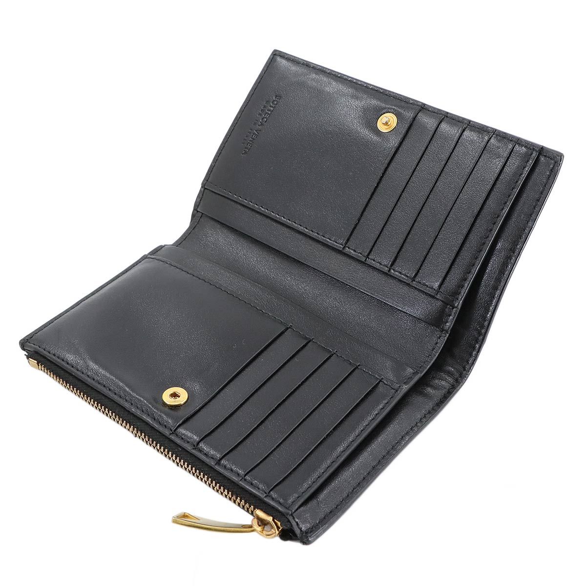 【美品】ボッテガヴェネタ 2つ折り財布 イントレチャート 黒 レザー ブラウン ボッテガ ヴェネタ BOTTEGA VENETA イントレチャート カセット