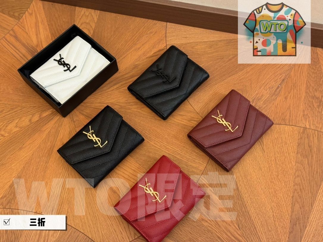 イヴ?サンローラン キャビアレザー ミディアムウォレット 13×10cm フルレザー ボックス付き | ♥品 -WT0輸入