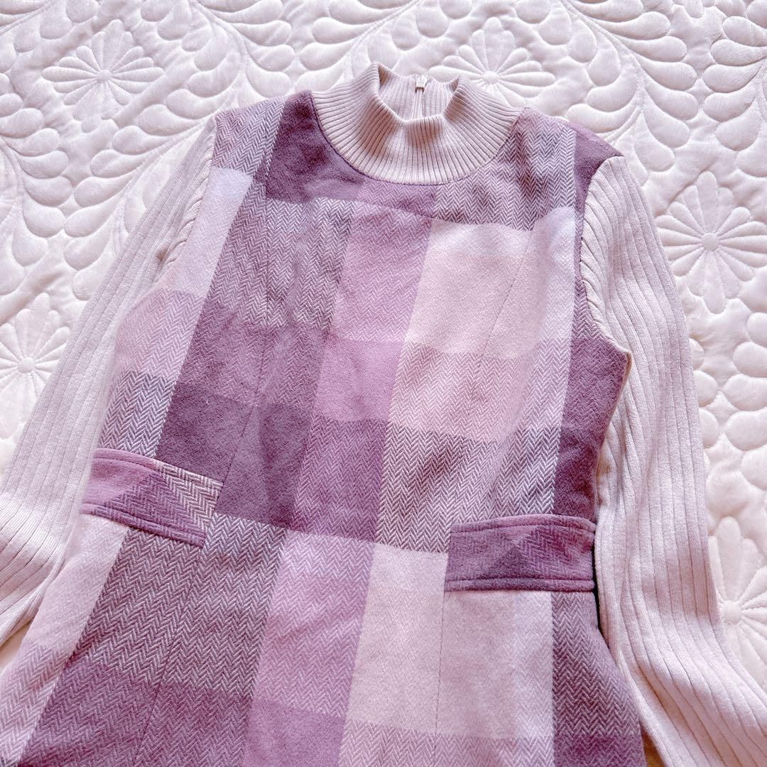 BLUE LAVEL CRESTBRIDGE ブルーレーベルクレストブリッジ チェック柄 リブ ドッキング ハイネック ワンピース ニット ピンク系