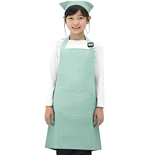 M01：グリーン_M:身長：120-140cm [SOUKENGEN] エプロン子供用 キッズ用エプロン 親子ペアセット 着脱簡単 男女兼用 小学生 親子ペアルック 子供用撥水エプロン かわいい シンプル ホコリが付きにくい (M:身長：120-140cm,