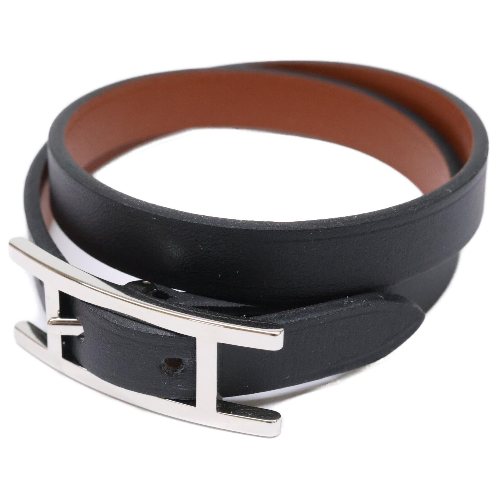 ■極美品■ HERMESビーアピ ドゥブルトゥール レザー シルバー金具ブラック レザーブレスレット 《ビーアピ》 ドゥブルトゥール | Hermès