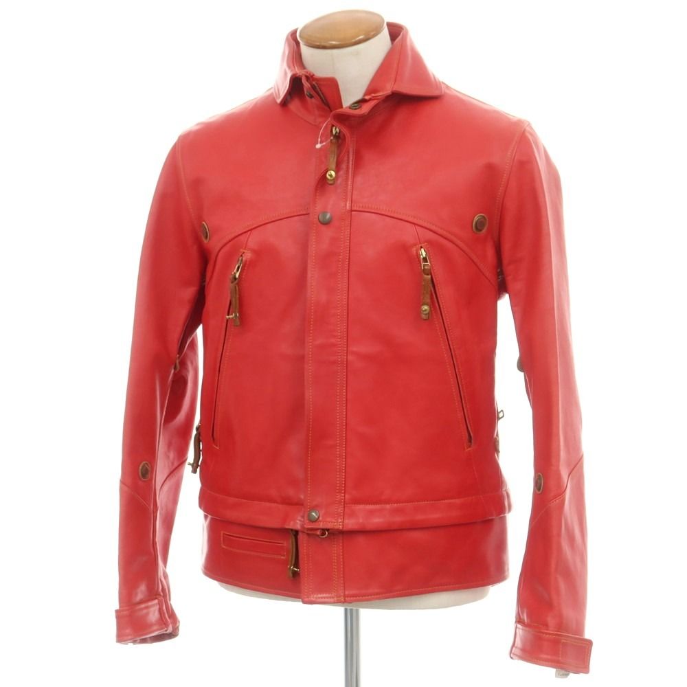 ルコンド L-KONDO バーブルージュ シングルライダースジャケット レザーブルゾン レッド サイズ48 メンズ