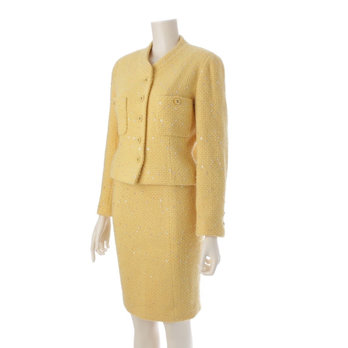 シャネル Chanel 96P ツイード スパンコール ジャケット＆スカート セットアップ P06846 イエロー 38 鑑定済 正規品保証 196389