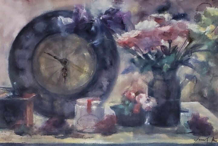 絵画 原画 「Time is money...」 水彩/パステル 大全紙 額付き Yumi