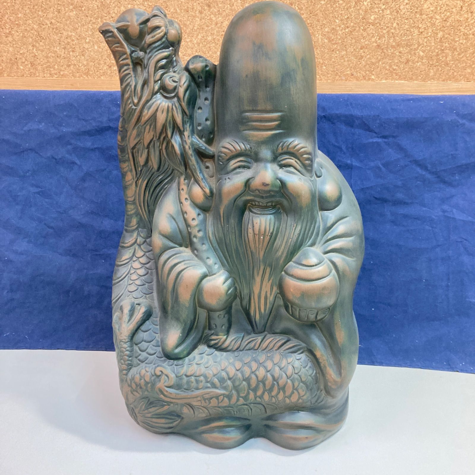 【金属製工芸/骨董品】鹿老人置物　七福神　置物　インテリア　オブジェ　金属製 鹿と仙人 寿老人 福禄寿 置物 色絵 在銘有 七福神 陶製 置物