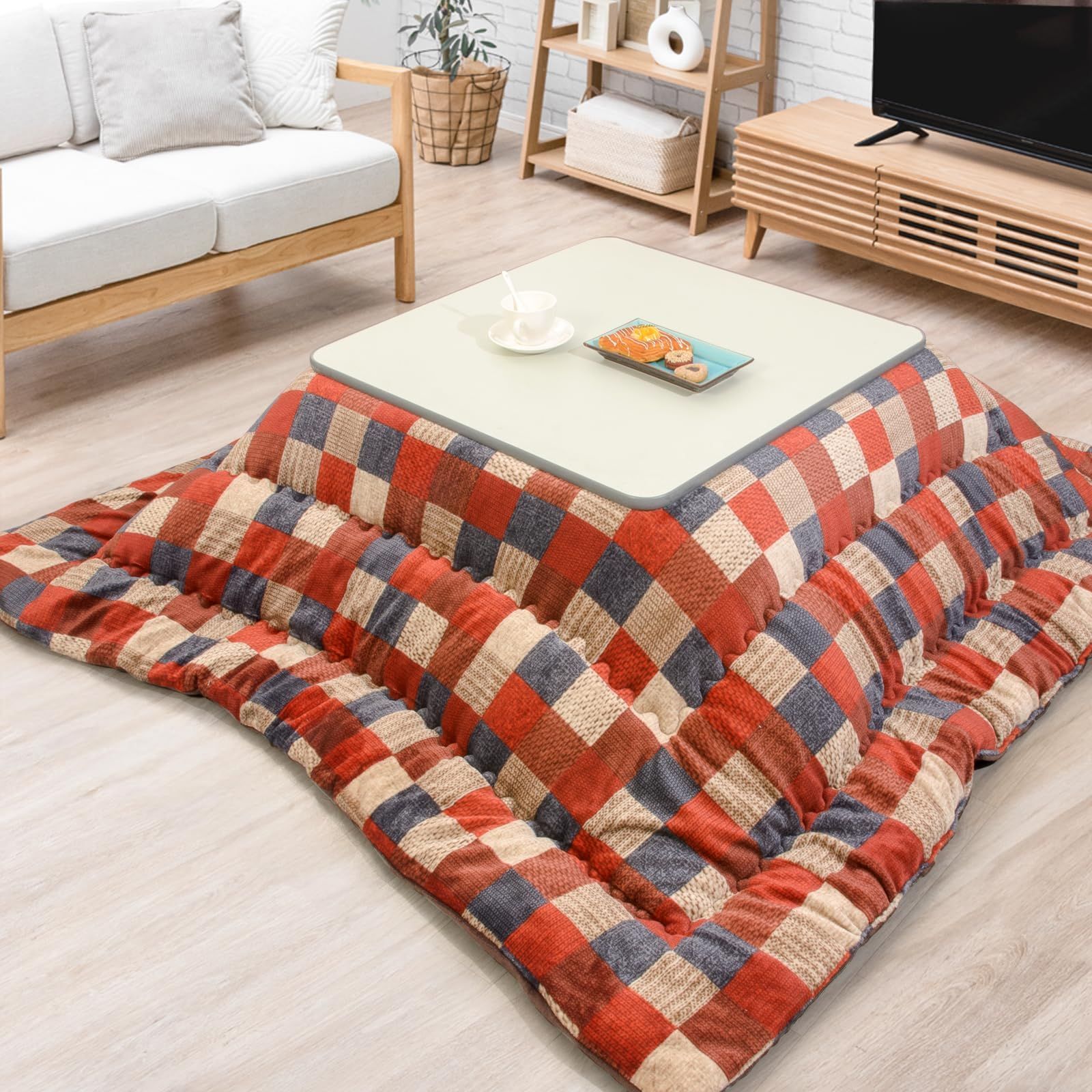 Size:約185x185cm(こたつ掛け布団)_Color:チエック レッド JEMAジェマ こたつ布団 こたつ厚掛け布団 こたつふとん 掛け布団単品 正方形 厚手 リバーシブル 両面使える 吸湿発熱 中空綿 ふわふわ も